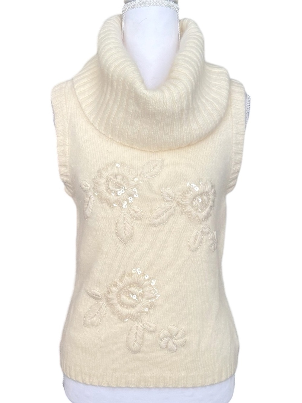 Vintage Cache Sleeveless Sweater Cowl Neck Cream Lambswool Angora M Medium New